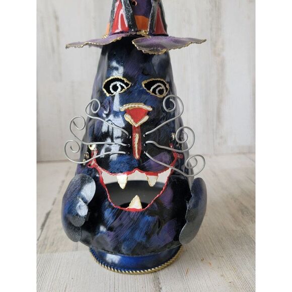 Halloween black cat tealight candle holder Witch hat unique - Picture 3 of 10